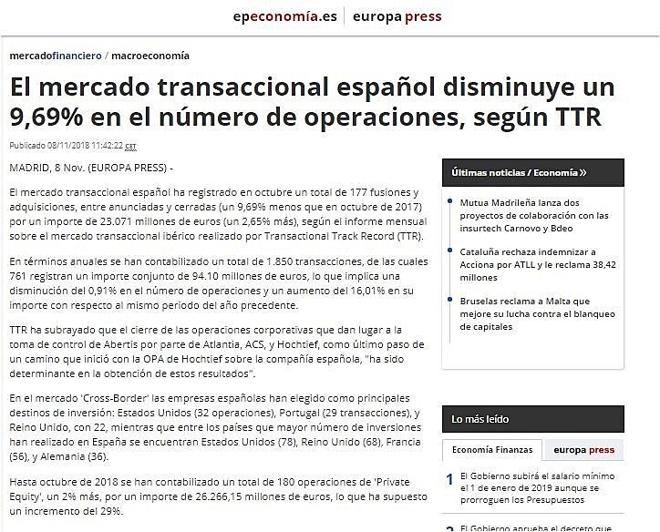 El mercado transaccional espaol disminuye un 9,69% en el nmero de operaciones, segn TTR